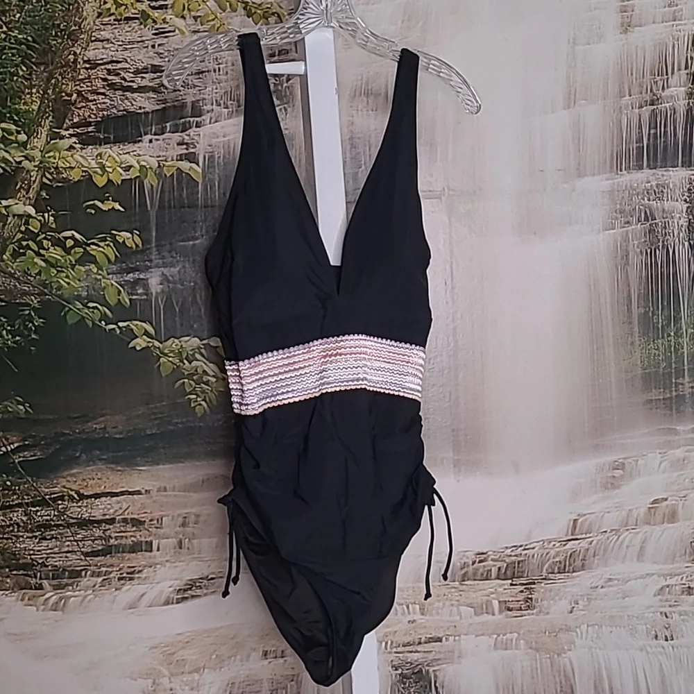 NWT! Blooming Jelly Womens Large black with colorful band one piece bathing suit